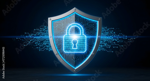 Cybersecurity Shield: A digital shield, a beacon of security in the modern era. A graphic representation of a lock, standing as a sentinel against digital threats. A shield, a symbol of protection.