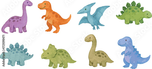 Collection of watercolor vector illustartions of various types of colorful dinosaurs in childish cartoon style