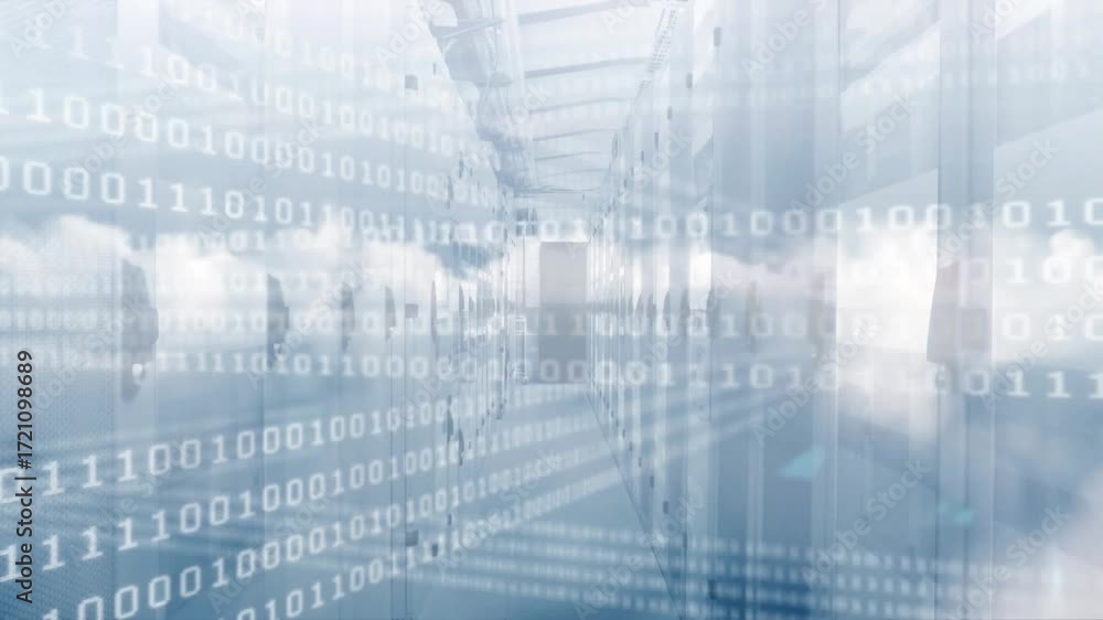 At start cloud binary overlays drifting across server rack aisle ...