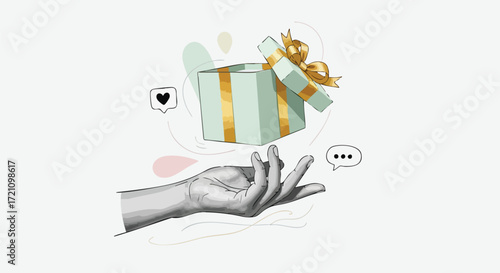 A hand offers an open gift box, symbolizing giving, sharing, and communication with heart and chat icons.