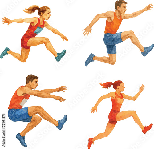 Collection of watercolor painted men and women jumper athletes
