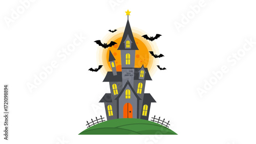 Haunted House: A spooky haunted house stands silhouetted against a full moon, with bats swirling around it, conveying the essence of Halloween night.