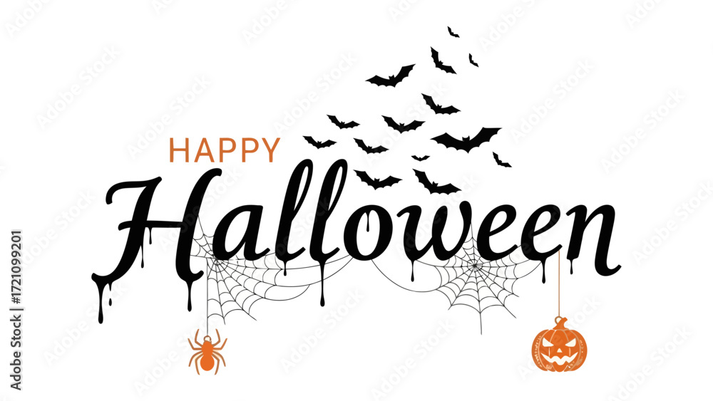 Obraz premium Happy Halloween: A spooky scene, featuring intricate spider webs, eerie silhouettes of bats, and a grinning pumpkin, creating a festive atmosphere for the spookiest night.