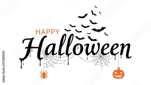 Happy Halloween: A spooky scene, featuring intricate spider webs, eerie silhouettes of bats, and a grinning pumpkin, creating a festive atmosphere for the spookiest night.