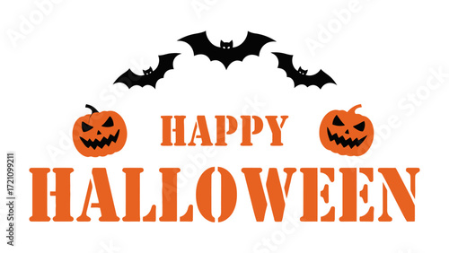 Happy Halloween Graphic: The word Happy Halloween is displayed with playful pumpkin and bat illustrations, conjuring the festive mood of the spooky holiday. 