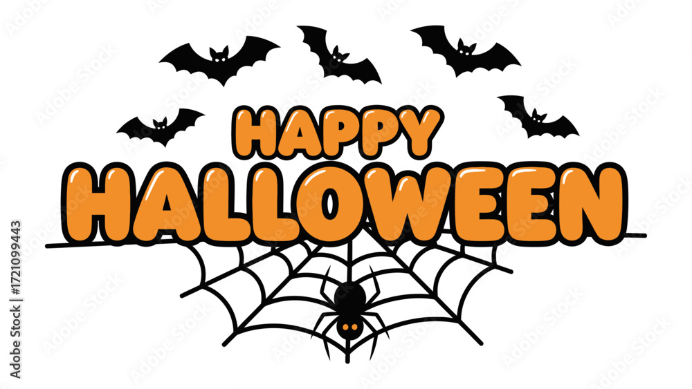 Fototapeta premium Spooky Halloween Illustration: A festive graphic design features the words Happy Halloween, complemented by a spiderweb, a spider and silhouetted bats, evoking the spirit of spooky season.