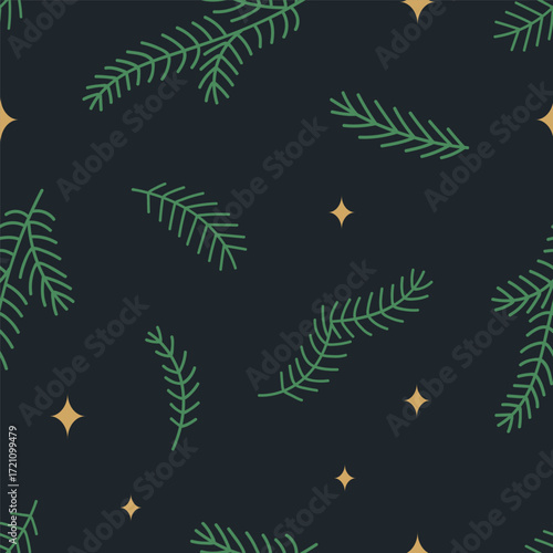 Fir branches and stars, Christmas pattern, seamless festive design. Winter holiday background with spruce needle twigs, New Year nature print for textile, fabric, wrapping. Flat vector illustration