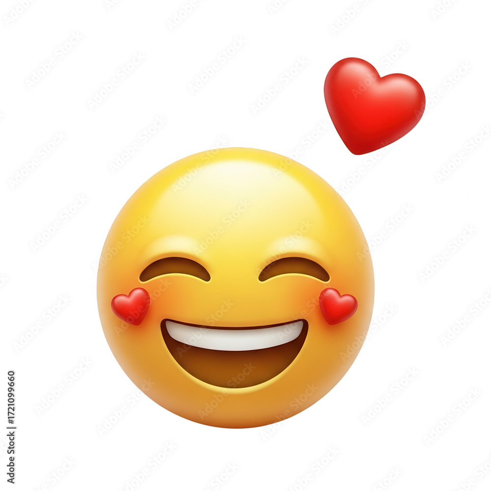 Fototapeta premium Happy face emoji with hearts isolated on transparent background