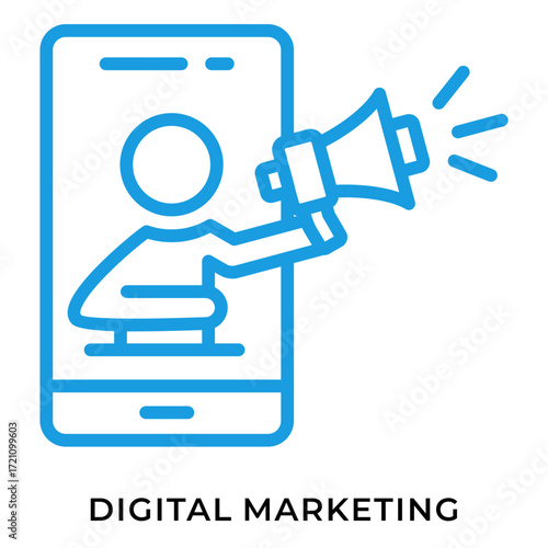 Flat Blue Line Icon of Digital Marketing Showing User Announcing Through Megaphone from Smartphone