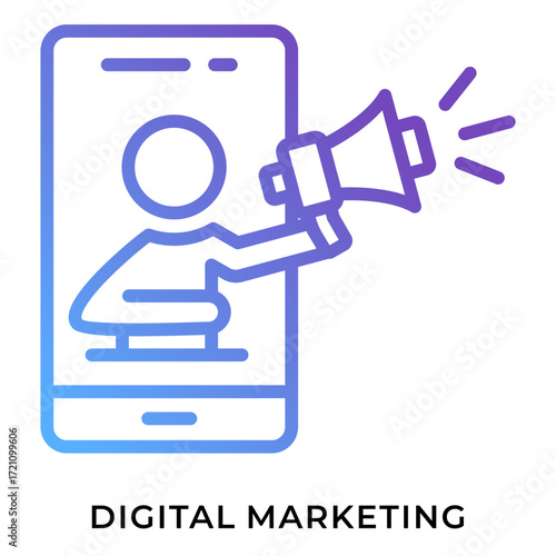 Gradient Purple Icon of Digital Marketing with Smartphone User and Megaphone Representing Online Promotion