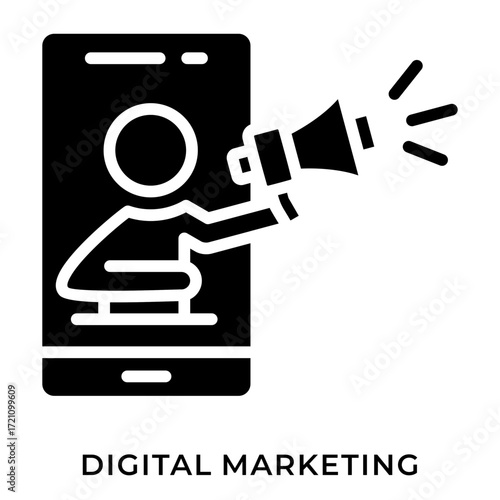 Solid Black Digital Marketing Icon with Smartphone Frame, Person, and Megaphone for Online Promotion