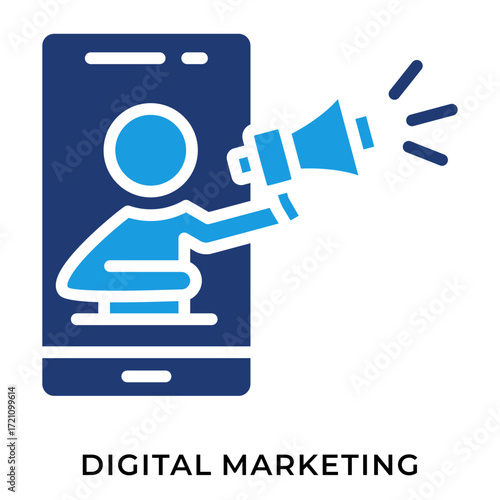 Dark Blue Flat Icon of Digital Marketing Depicting User Promoting with Megaphone on Smartphone Screen