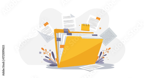 Organized yellow folder overflowing with documents and papers, symbolizing efficient data management and successful project completion with stylish abstract background