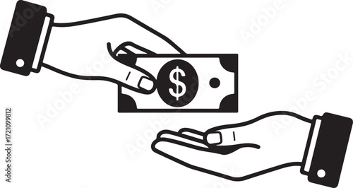 Illustration of hand giving money to another hand isolated on white background