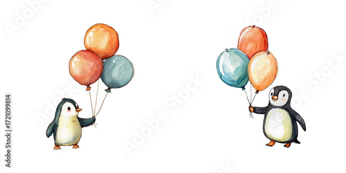 cute penguin holding balloons watercolor vector illustration