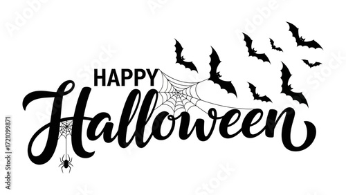 Happy Halloween: Festive typography design featuring the text Happy Halloween with spider web and bat illustrations creating a whimsical and spooky effect.