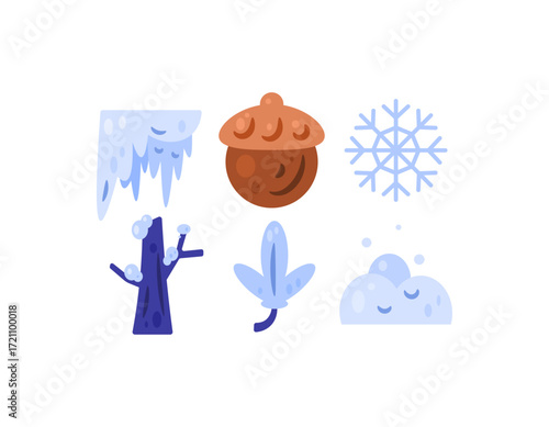 collection or set of winter themed asset elements. illustrations of ice stalactites, snowflakes, acorns, leaves, snowy trees, snow mounds. Flat design. Clip art, stickers, and a white background
