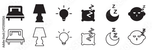 Set of  sleep and bedtime icons. Collection of editable line stroke icons representing sleep, bedtime, rest, relaxation, dreams, beds, pillows, alarms, and nighttime essentials.


