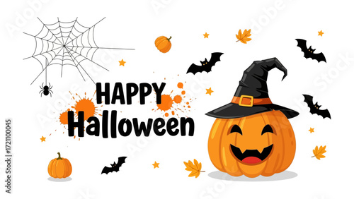 Spooky Pumpkin's Halloween Invitation: A grinning pumpkin, adorned with a witch's hat, presides over a festive Halloween scene, accented by bats, spiderwebs, and scattered leaves.