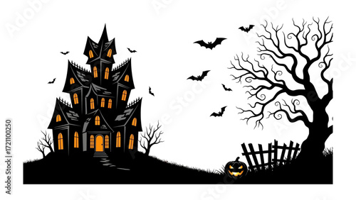 Spooky Silhouette: A haunting scene unfolds, featuring a gothic haunted house with lit windows and a gnarled tree under a moonlit sky. Bats and jack-o'-lanterns add to the eerie ambiance.