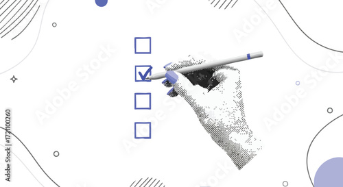 A hand with a pen checking a box on a checklist, representing tasks and completion.