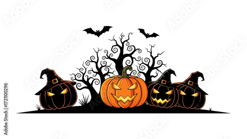 Spooky Halloween: Spooky Halloween-themed illustration featuring grinning jack-o'-lanterns, gnarled trees, and bats, capturing the festive and eerie spirit of the holiday season.