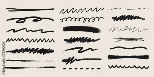 Crayon stripe set with hand drawn black textures and rough brush marks for artistic designs. Various scribbled lines with wavy, straight and zigzag patterns for children or creative illustrations .