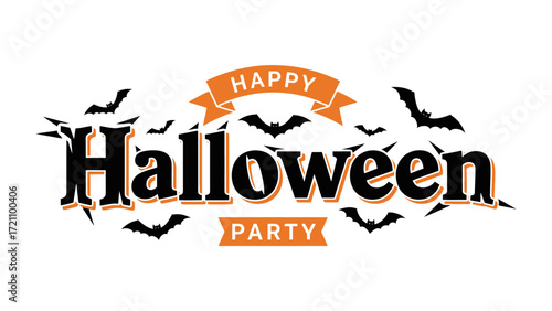 Halloween Party Invitation: A captivating illustration of a Halloween party invitation, featuring the words Happy Halloween and a banner, complemented by a swarm of bats against a pure backdrop.