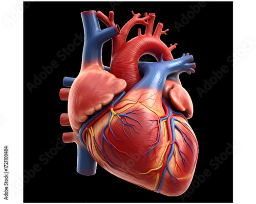 Detailed 3d rendering of a human heart with visible arteries and veins