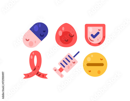 A collection or set of World AIDS Day themed asset elements. HIV awareness. Illustrations of injections, capsules, pills, shields, red ribbons, and blood drops. Flat design. Clip art, stickers
