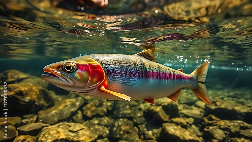 Naklejka premium A rainbow trout glides through a clear mountain stream, sunlight shimmering through the water.