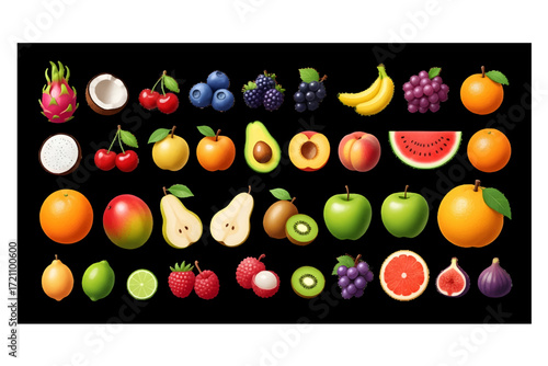 Collection of fresh fruits and berries isolated on black background
