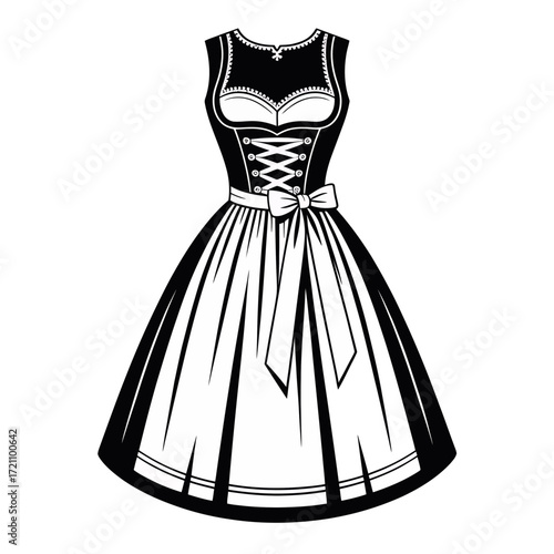Elegant black and white dirndl vector illustration Oktoberfest traditional dress bavarian fashion with lace details and ribbon bow emphasizing classic design for cultural celebrations