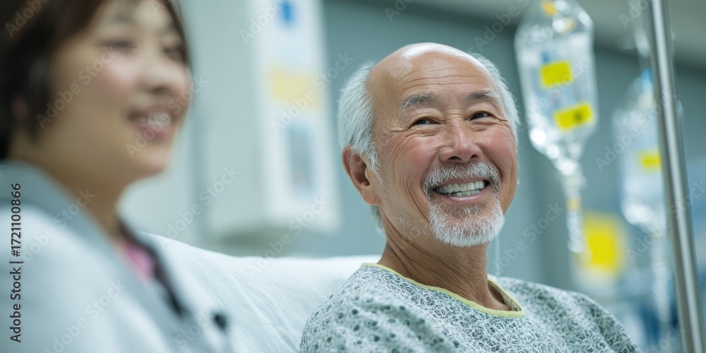 Obraz premium Elderly patient smiling in hospital with supportive doctor beside, healthcare and medical treatment concept, positive senior care and recovery in modern clinic environment.