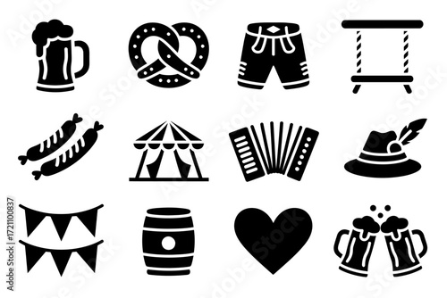 Oktoberfest Celebration Icons Set Festive Bavarian Culture Elements and Traditional Symbols for Beer Festival and German Heritage