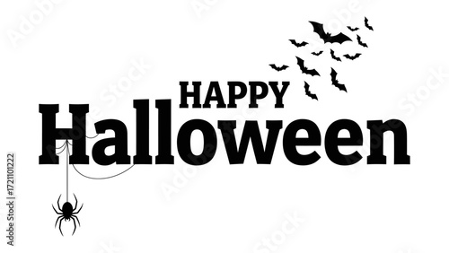Happy Halloween Text Design: A spooky text design with the words 'Happy Halloween', a spider hanging on a web, and a swarm of bats flying above, capturing the essence of the holiday.