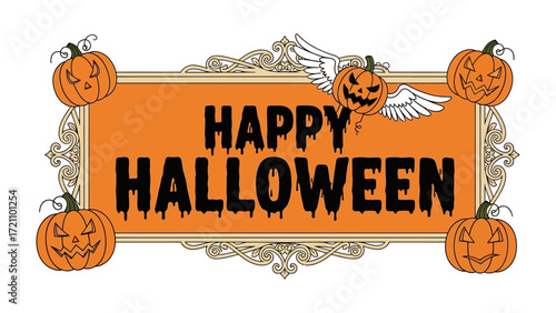 Spooky Pumpkin Banner: A festive banner proclaims HAPPY HALLOWEEN amidst intricately carved pumpkins and elegant baroque flourishes, capturing the essence of Halloween's spooky spirit.