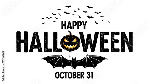 Spooky Happy Halloween: A vintage illustration evokes the spirit of Halloween with a grinning jack-o'-lantern, bats, and the words Happy Halloween set against a plain backdrop.