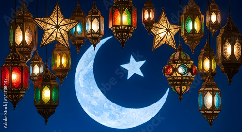 Islamic lanterns, star and moon: A festive visual of Islamic lanterns, crescent moon, and star with colorful lights illuminates the night sky, evoking the spirit of a religious celebration.
