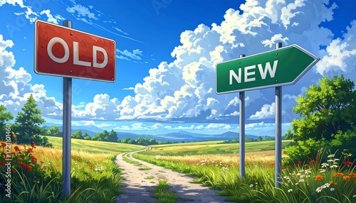 Country road diverging to Old and New