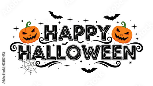 Happy Halloween Decoration: A cheerful Halloween message, featuring grinning jack-o'-lanterns and fluttering bats, and spider web, set against a whimsical illustration perfect for holiday greetings.