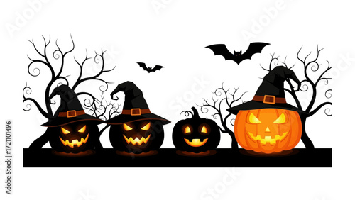 Spooky Halloween Scene: A row of carved pumpkins, each sporting a wicked grin and a witch hat, stand before silhouetted bare branches, with bats overhead create the atmosphere of Halloween night.