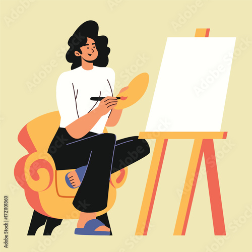 woman focusing on painting a picture on canvas in the living room illustration