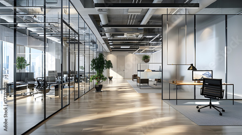Fotografija modern office design with open workspace, collaborative areas, glass walls, ergo