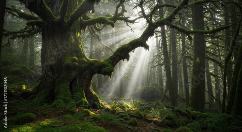 Fototapeta Naklejka Na Ścianę i Meble -  Mystical mossy forest with sunbeams piercing through ancient trees