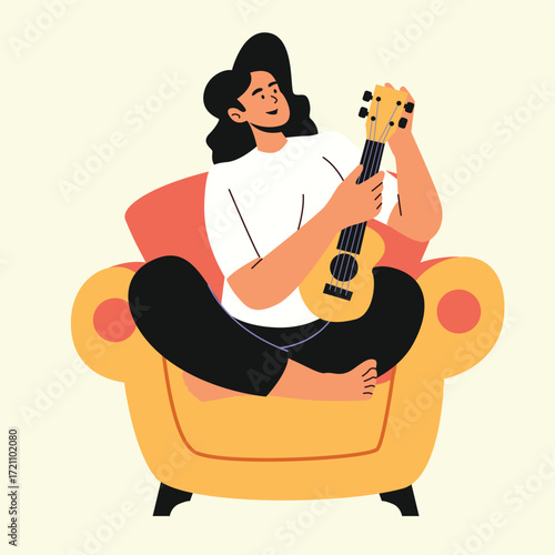 woman sitting on the armchair while playing guitar joyfully illustration