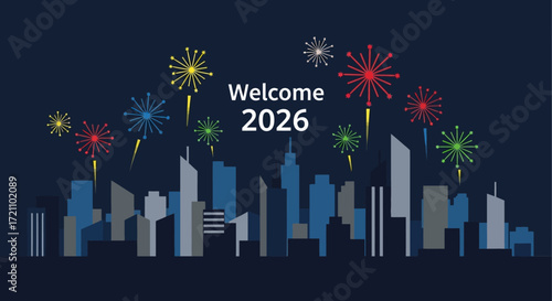 Modern Silhouette Cityscape Welcoming Celebration of New Year 2026 with Fireworks Display
