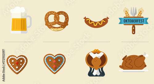 A clean flat design icon set showcasing classic Oktoberfest food and beverages, including beer steins, pretzels, and bratwurst. This vector collection uses simple shapes and a limited color palette.