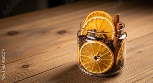 Dried oranges and cinnamon sticks in a glass jar on wood background