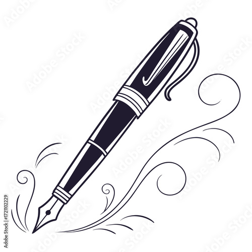 Black metal fountain pen with gold details on a white background for business and office design